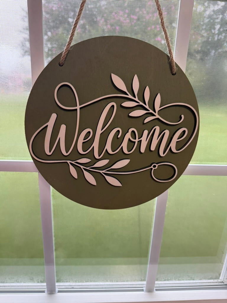 "Welcome" Sign - Script & Leaf