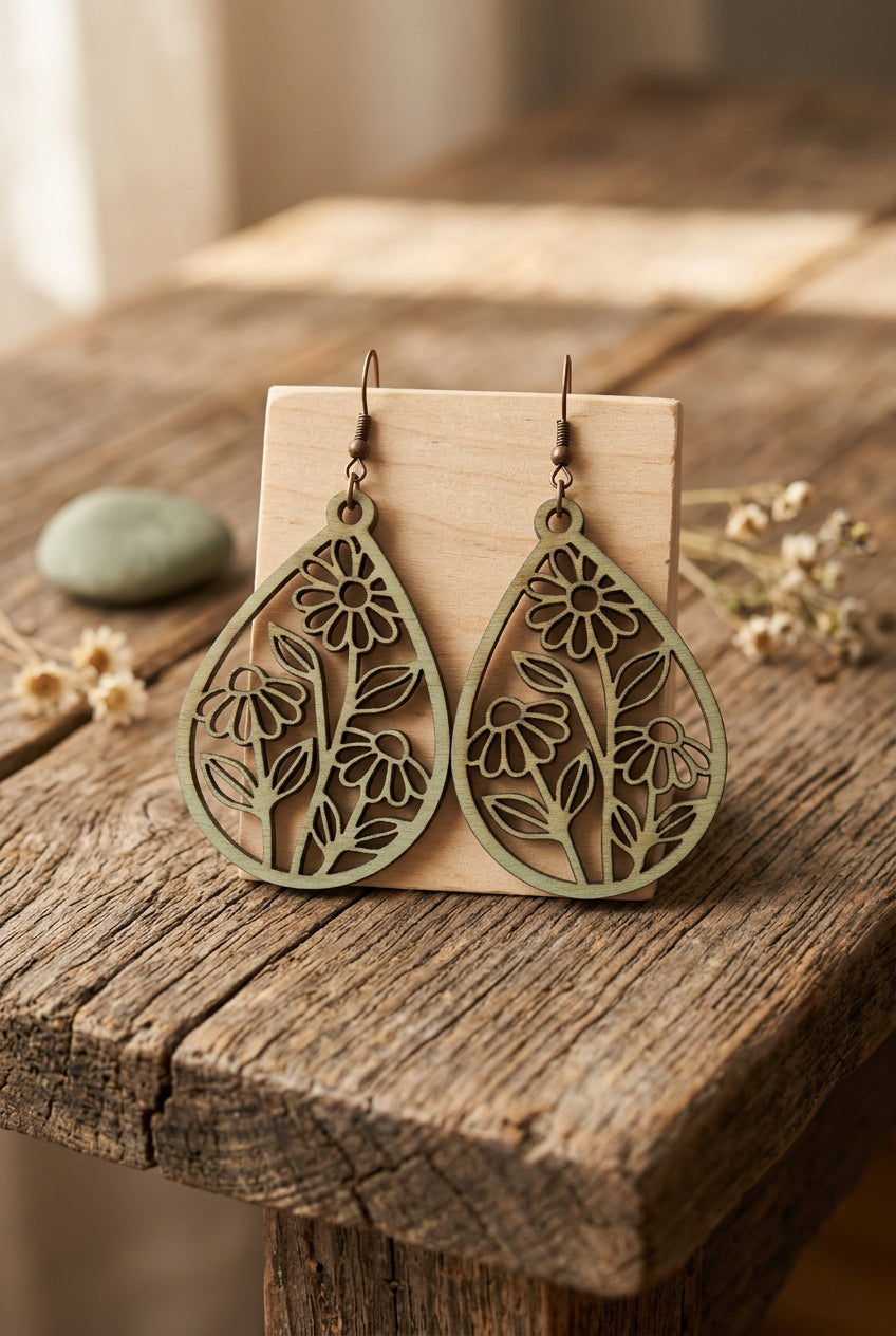 Vine &amp; Flower Teardrop Earrings - Sage