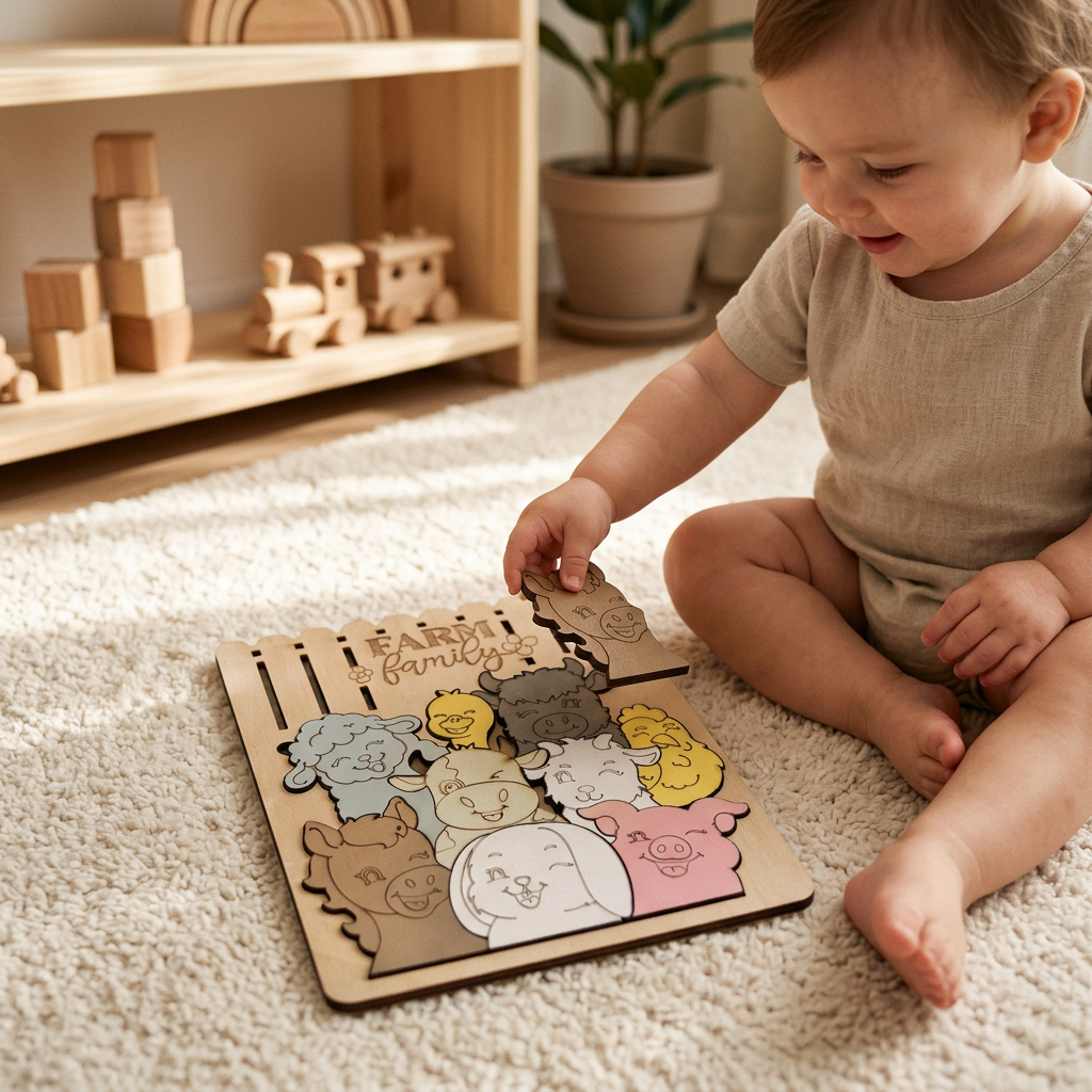 Farm Family Wood Puzzle lifestyle scene with toddler