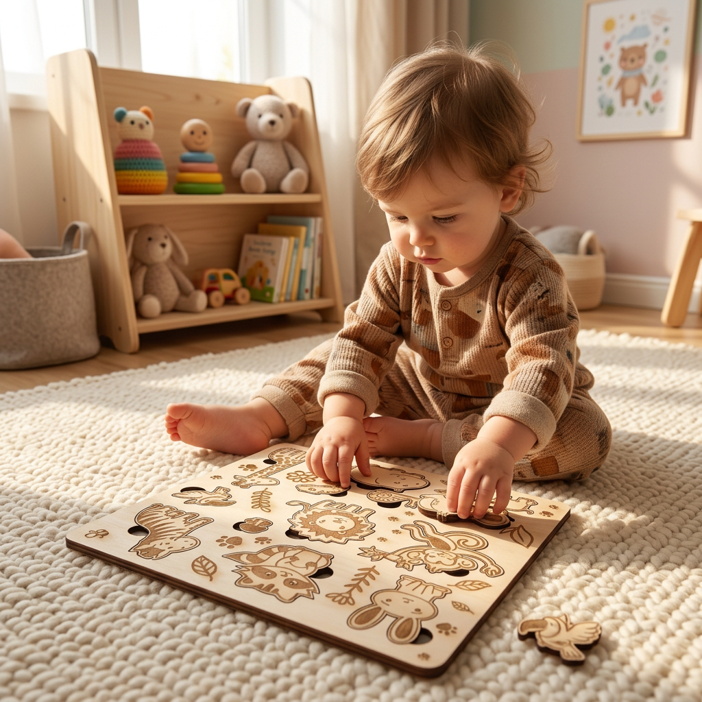 Jungle Animal Wood Puzzle lifestyle scene with toddler